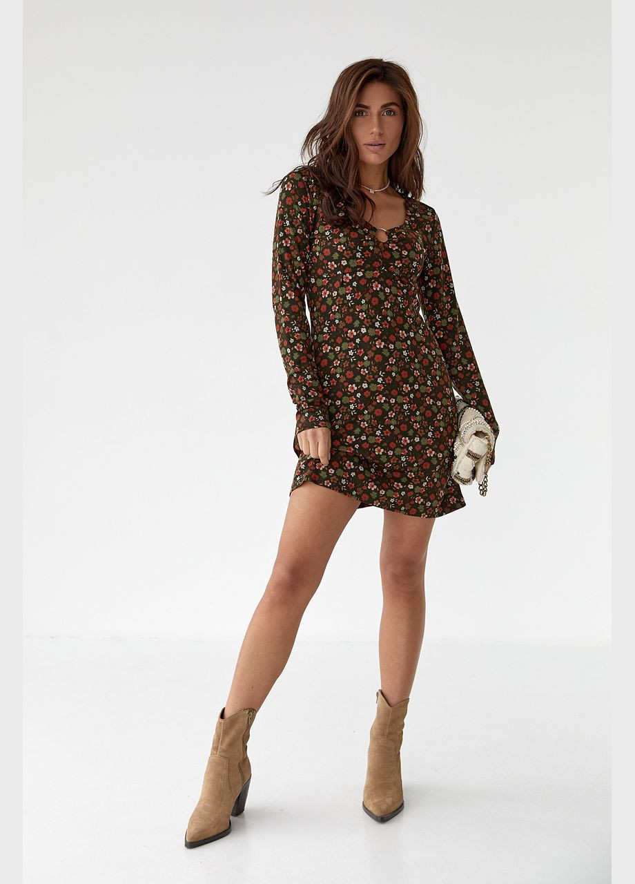 Оливковое (хаки) повседневный короткое платье с цветочным принтом 2230 Lurex с цветочным принтом