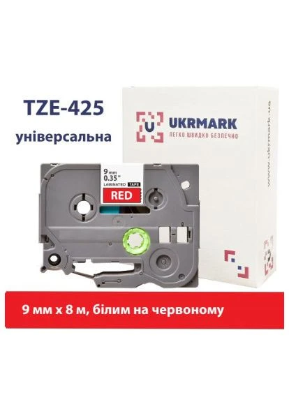 Стрічка для принтера етикеток B-T425P, ламінована, 9мм х 8м, white on red, аналог TZe425 (900555) Ukrmark B-T425P, ламінована, 9мм х 8м, white on red, анало (401735110)