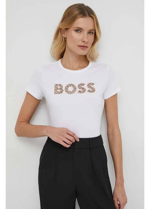 Жіноча бавовняна футболка з принтом біла Hugo Boss - (393123484)