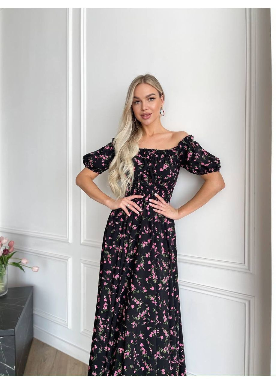 Чорна святковий, повсякденний, вечірня, пляжна, кежуал жіноча довга сукня з відкритими плечима Vakko з квітковим принтом
