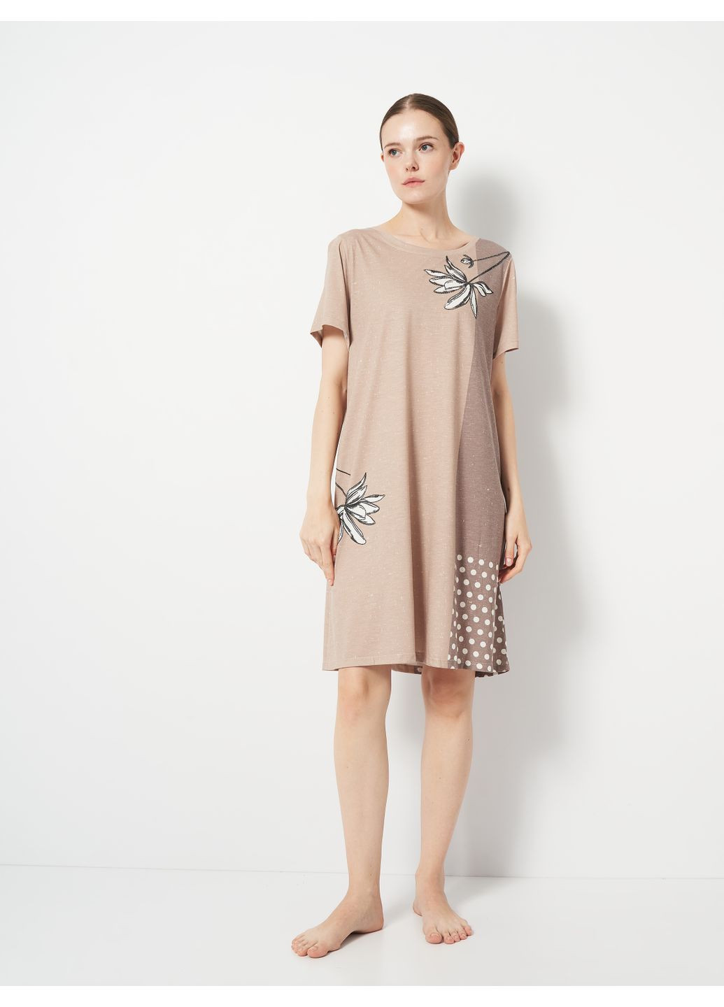 Бежевое домашнее домашнее платье Cotpark с цветочным принтом