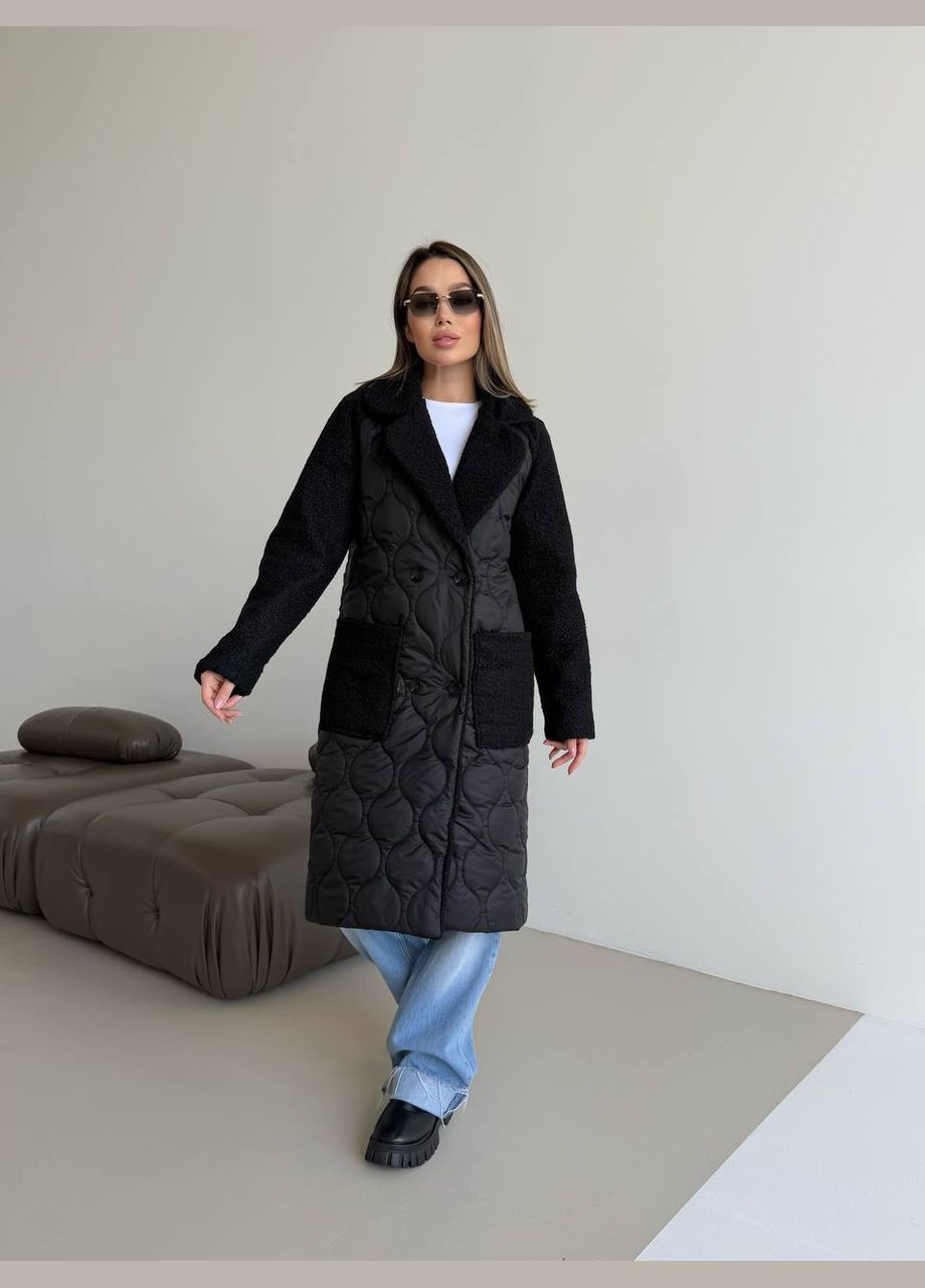 Черная зимняя удлинённая черная куртка с наполнителем синтепон 250, рукава из ткани 'баранчик' – нежная, стильная и тёплая для холодных дней No Brand 5380-2