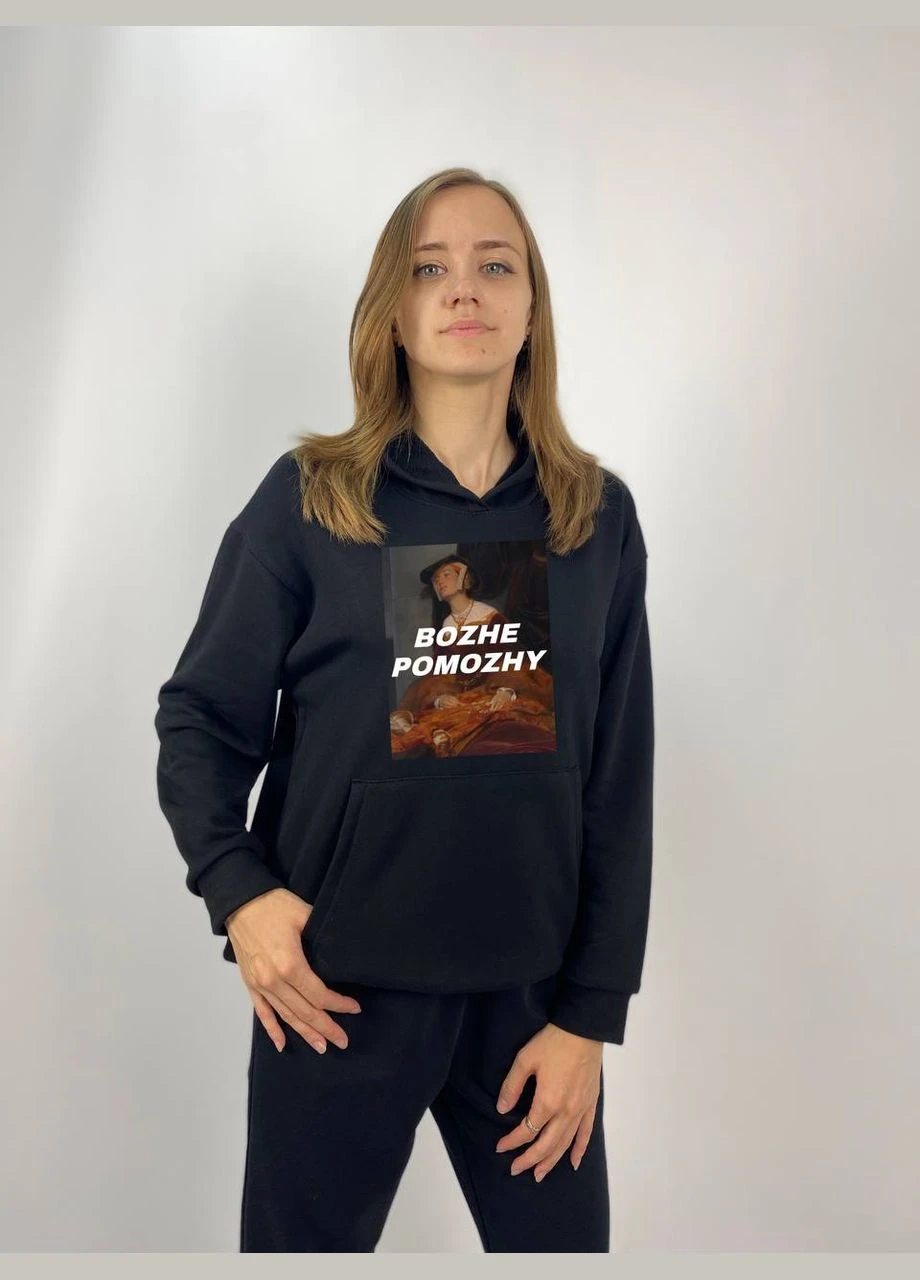 Жіночий худі без флісу з принтом "Bozhe pomozhy" Oversize в чорному кольорі (664) Hand Made (358897774)