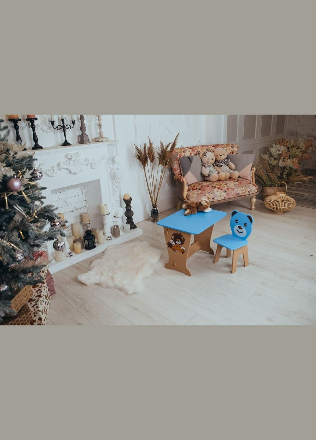 Детский стол синий! Супер подарок! Столик парта, рисунок львенка и стульчик детский Медвежонок No Brand (323223315)