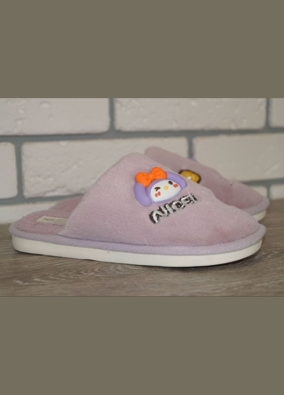 Сиреневые тапочки для девочки меховые с красивой аппликацией Deshman с аппликацией, с белой подошвой, с вышивкой