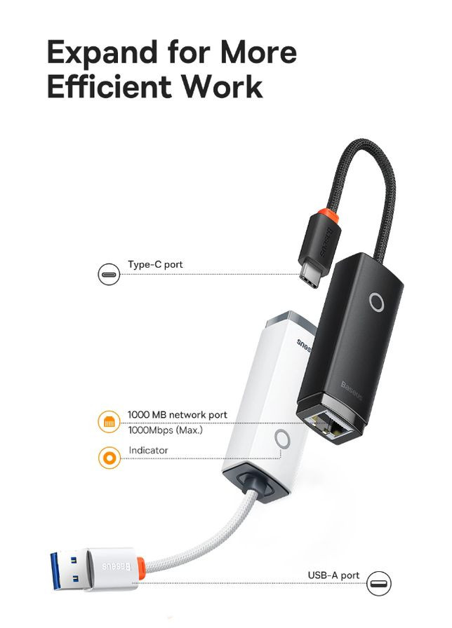 Внешняя сетевая карта / Сетевой адаптер Lite Type-C для RJ45 Ethernet 1000Mbps Черный (WKQX000301) Baseus (341325820)