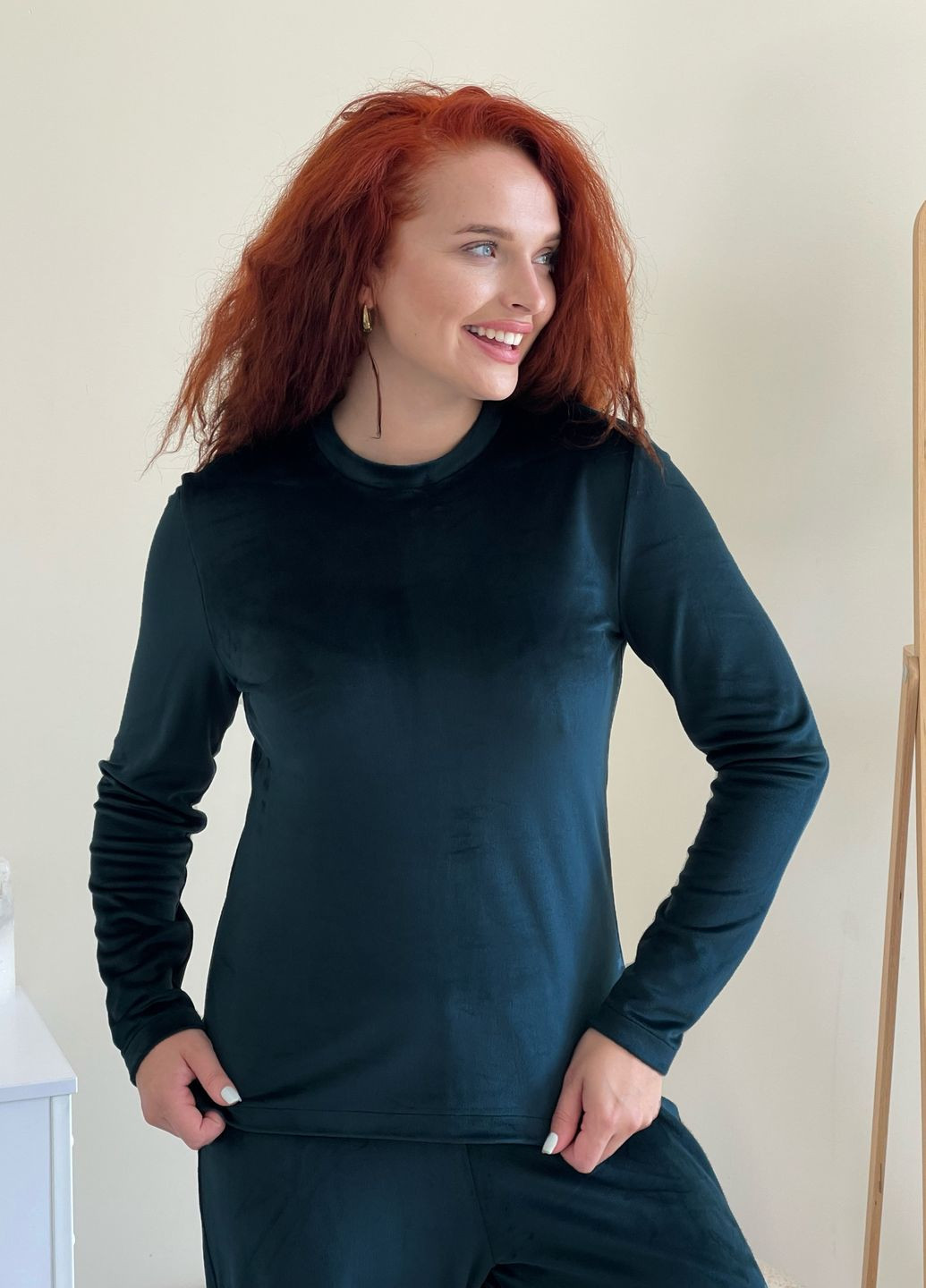 Зелена всесезон велюрова піжама з широкими штанами та кофтою з довгими рукавами світшот + брюки Merlini Капрі