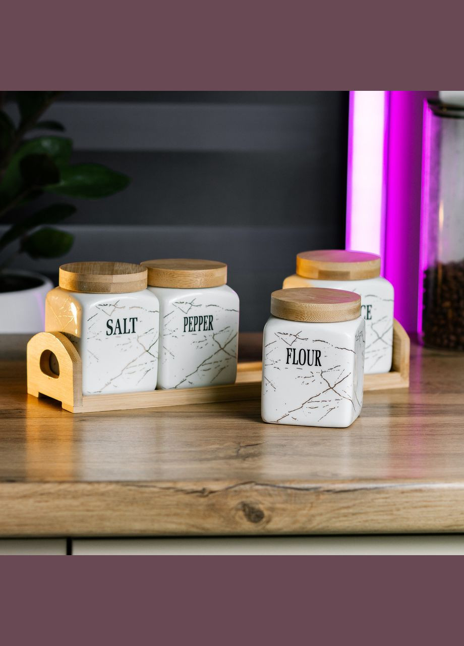 Набір для сипучих продуктів 4 штуки 300 мл кераміка бамбукова підставка кришка біла Yiwu (322340287)