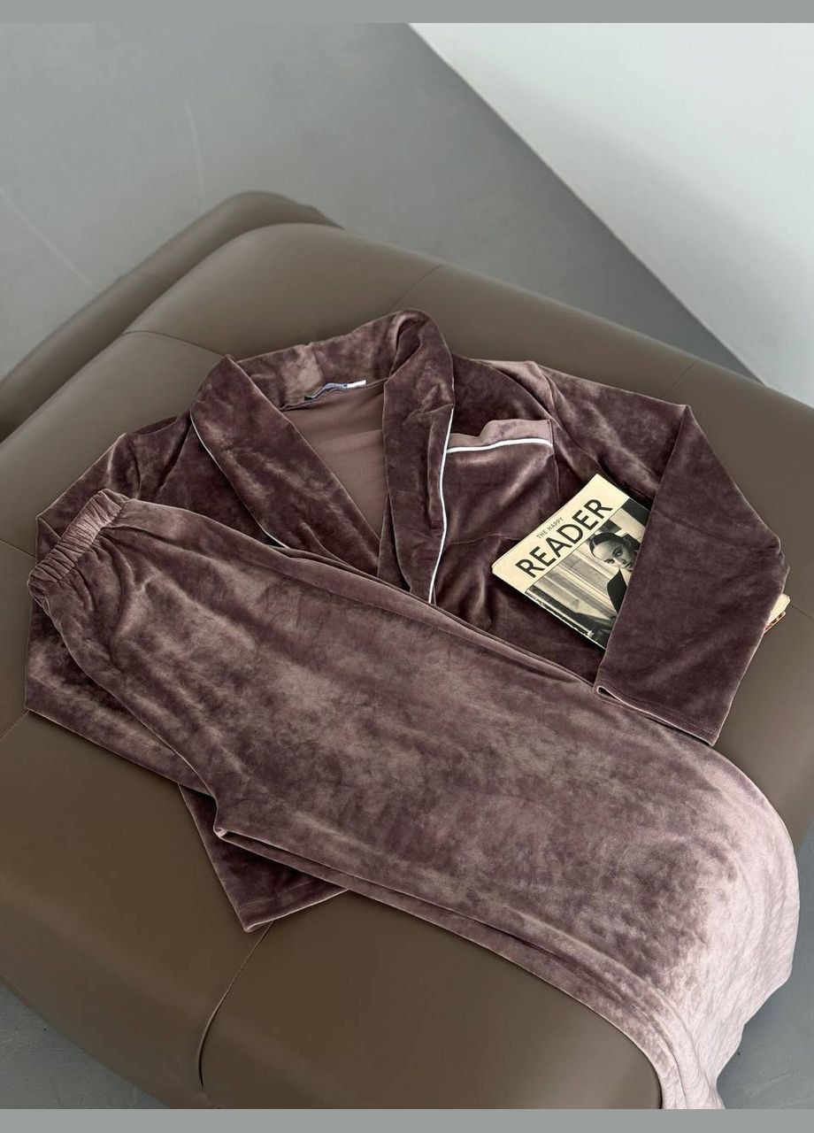 Бежевая всесезон мягкая плюшевая пижама цвета мокко (укороченный халат на запах+штаны клёш), приятная к телу тёплая и очень комфортная пижама No Brand 848-2