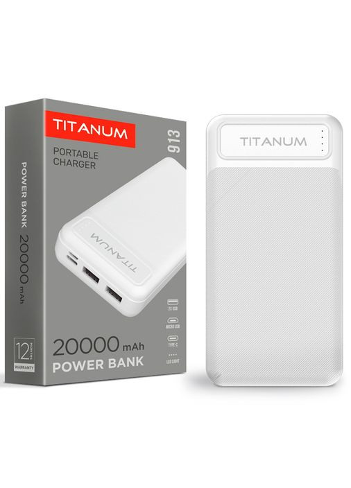 Повербанк TPB913-W 20000mAh Micro USB, Type-C, 2USB White Titanum