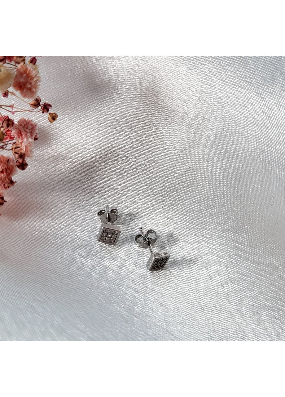 Срібні сережки гвоздики на фіксаторах Квадрат із Білими каміннями срібло 925 проби Родоване 1054 0.91г No Brand (306741368)