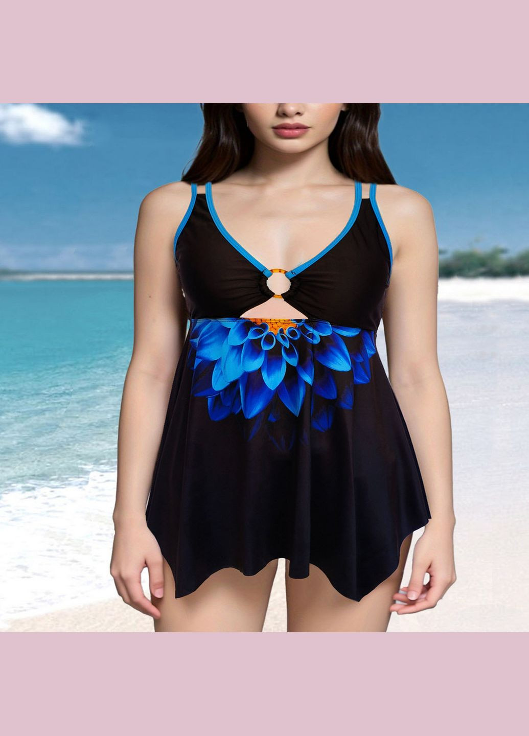 Чорний літній купальник-сукня жіноча роздільна танкіні великий розмір чорний із синім візерунком купальник-сукня, танкіні No Brand