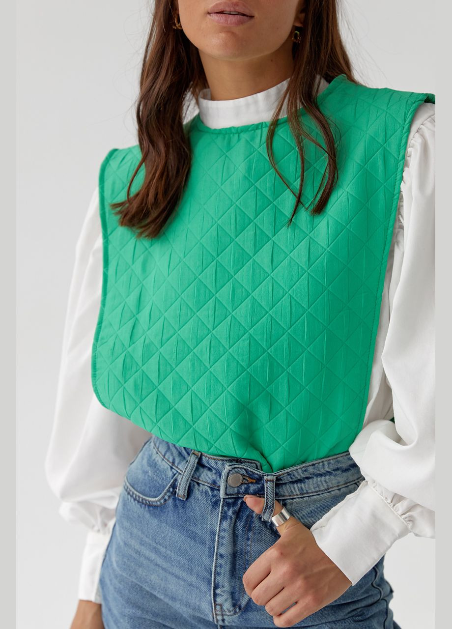 Зеленая демисезонная блуза с объемными рукавами с поясом Lurex