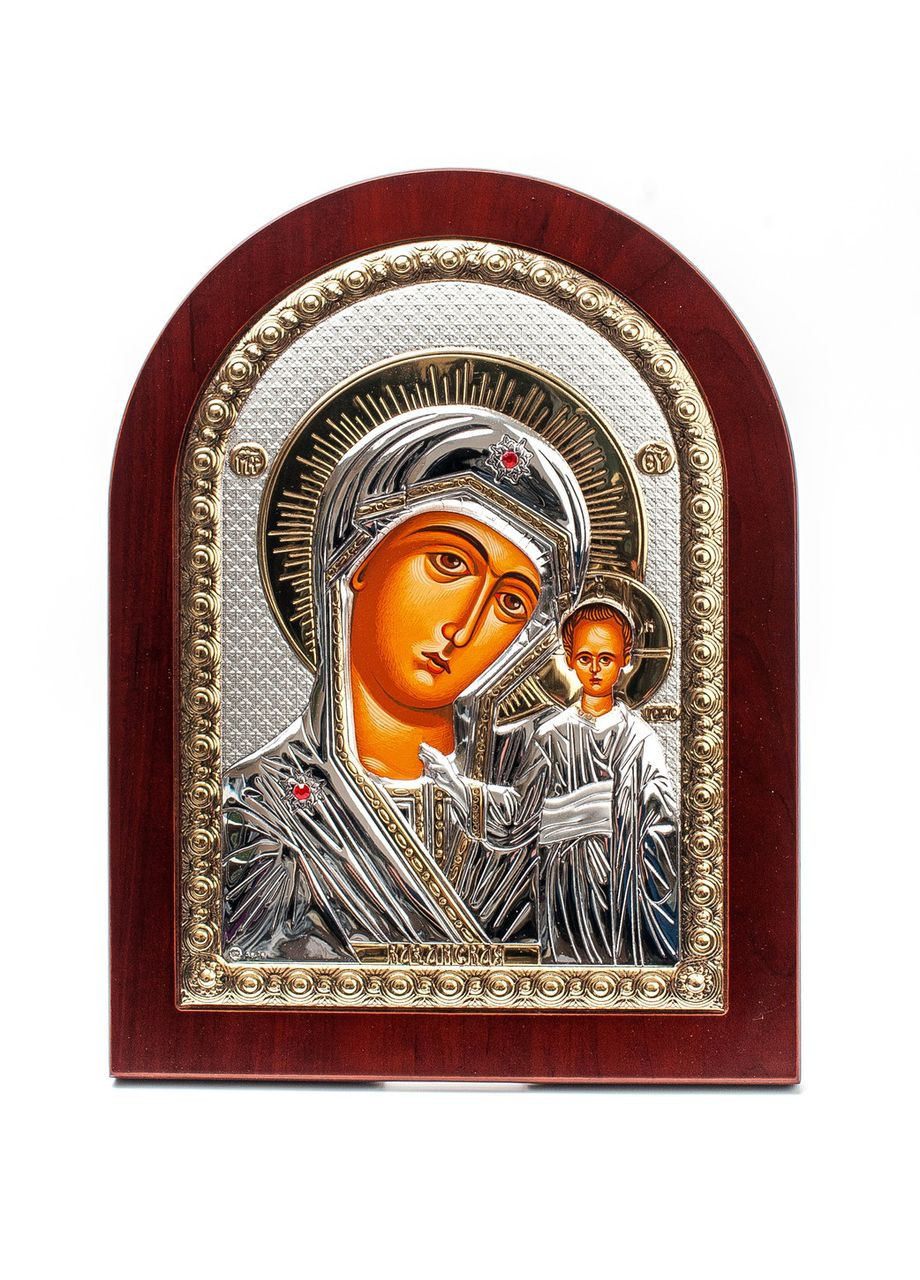 Серебряная Икона Казанская Божья Матерь 20х25см арочной формы в деревяной рамке Prince Silvero (266265763)