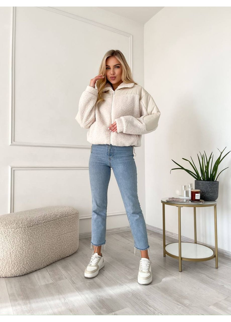 Молочна демісезонна жіноча куртка з еко меху тедді та плащівки — заміри в описі куртка-пальто GD/GL Модний простір