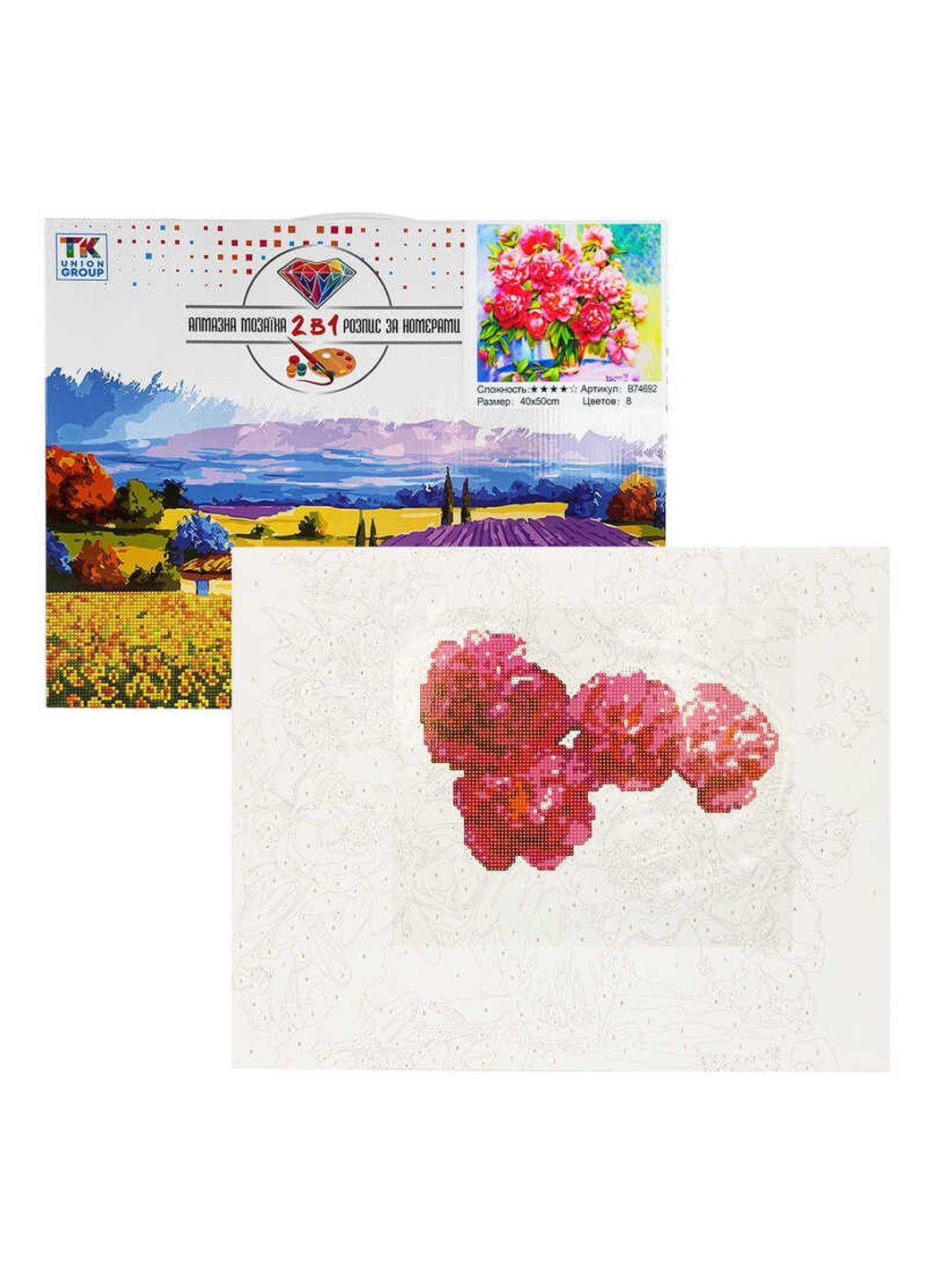 Картина за номерами + Алмазна мозаїка B 74692 (30) "", 40x50 см, Півонії, в коробці TK Group (307165069)