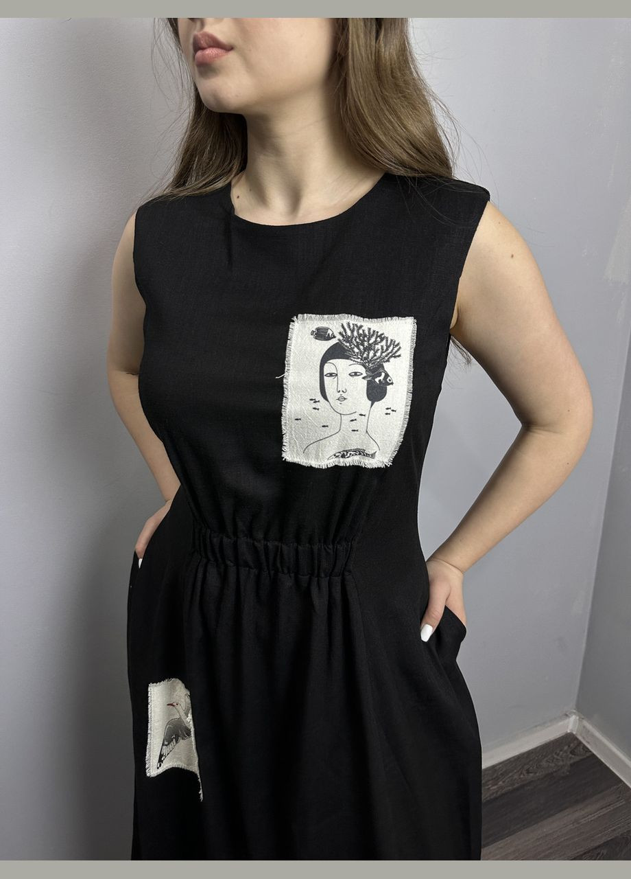 Чорна жіноче плаття літнє плаття з льону чорне mkkc6021-2 Modna KAZKA