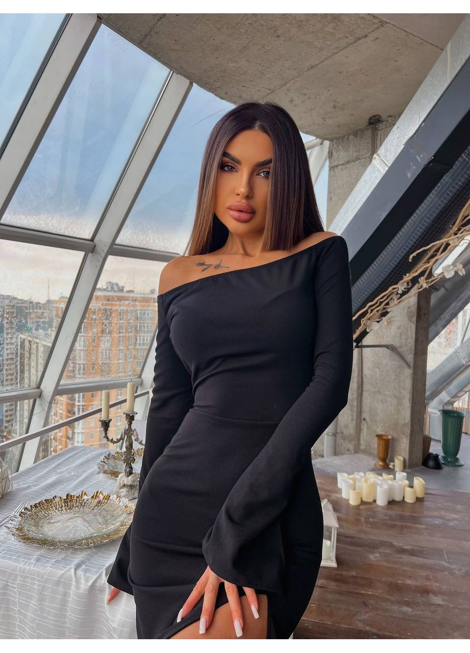 Чорна святковий 💋розкішна чорна сукня з розрізом і корсетною спинкою заміри в описі💋 силуетна DK/DL Мода без кордонів однотонна