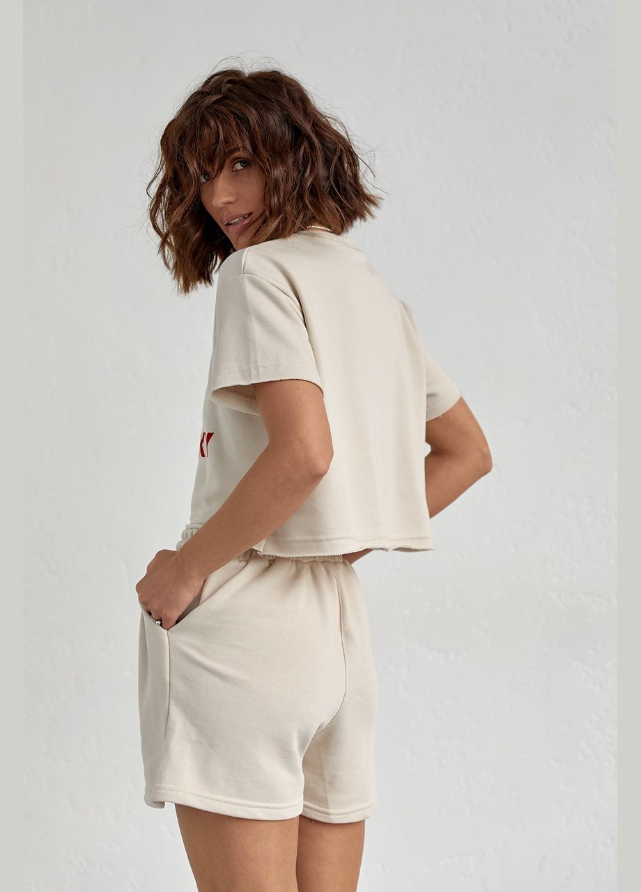 Женский спортивный комплект со шортами и футболкой - бежевый цвет, L (sku_9295) No Brand (315391022)