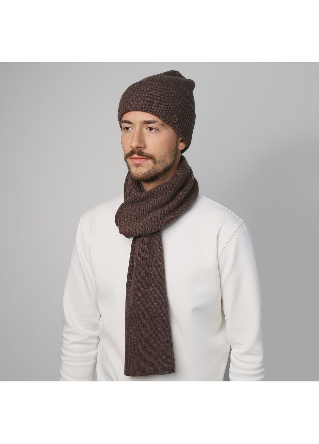 Набор шапка бини + шарф мужской шерсть коричневый GEORGE 694-898 LuckyLOOK 694-898M (322789128)