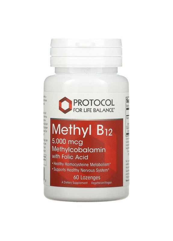 Метилкобаламин с фолиевой кислотой, Methyl B12, 5000 мкг, 60 пастилок Protocol for Life Balance (362371736)