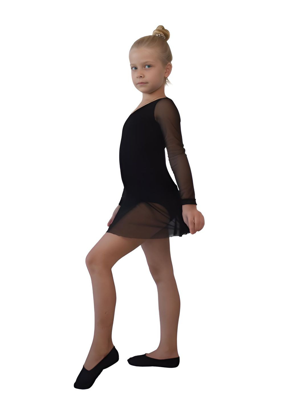 Чорний купальник трико зі спідницею-сітка та рукавами-сітка для танців. Vlad&K Довгий рукав сітка