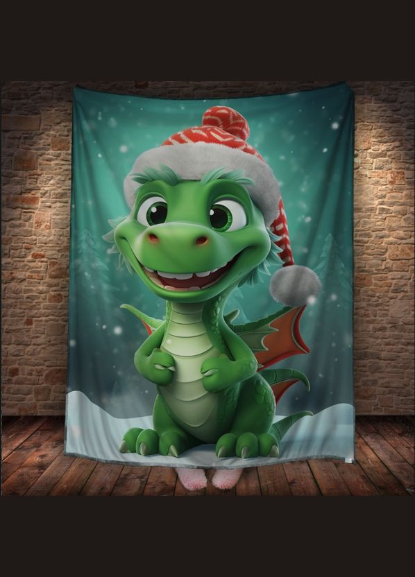 Плед з 3D принтом Різдвяний Дракончик в шапці Санта Клауса, Рік Дракона _016 Перша Креативна мануфактура PERFECTUS Плед (301869033)