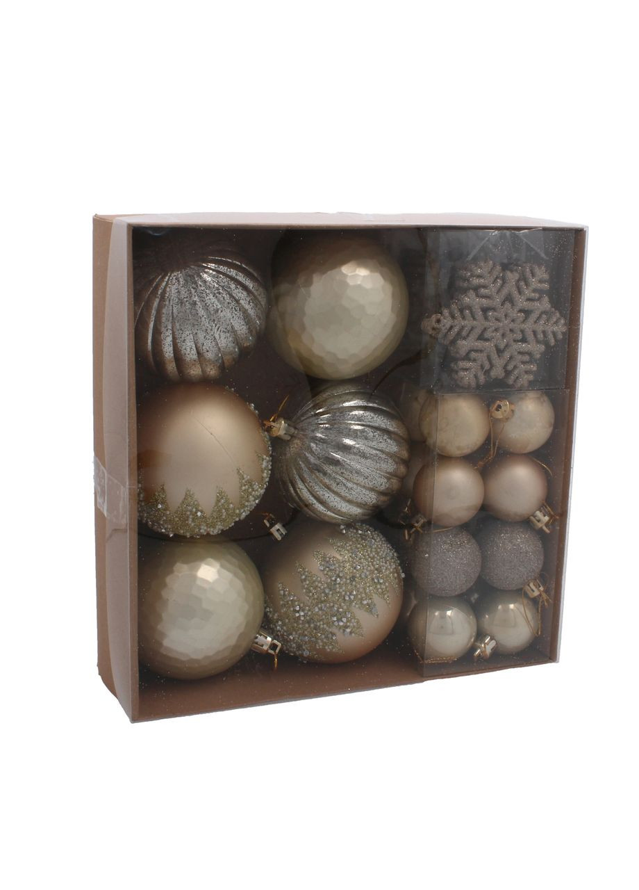 Елочные пластиковые украшения Chomik 30 шт золотистые шары и снежинки для новогоднего декора рождественские игрушки ProDobro (367265059)