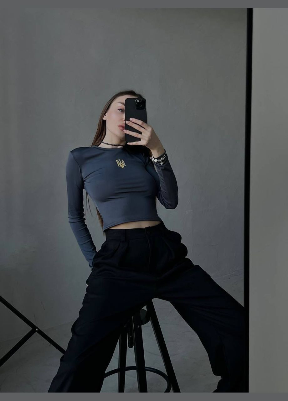 Патриотичный однотонный топик "Тризуб" из микродайвинга в одном размере 42-46, графитовый топ с гербом Украины на груди No Brand 1411 (301407578)