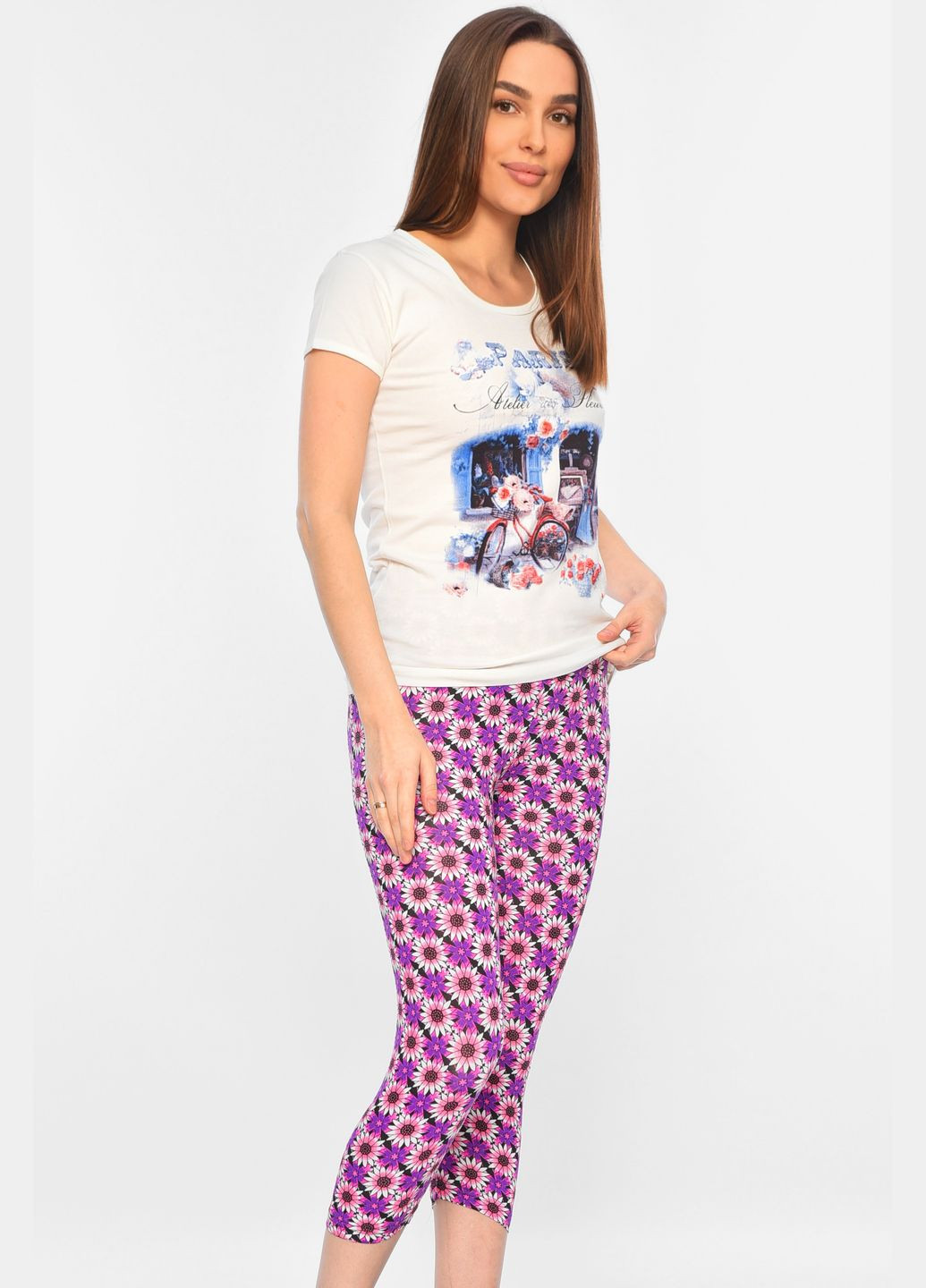 Белая всесезон пижама женская бело-розового цвета футболка + брюки Let's Shop