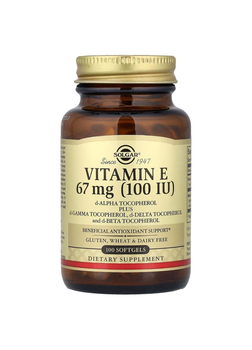 Витамин Е, 67 мг (100 IU), d-Alpha Tocopherol & Mixed Tocopherols,, 100 желатиновых капсул Solgar (326054284)