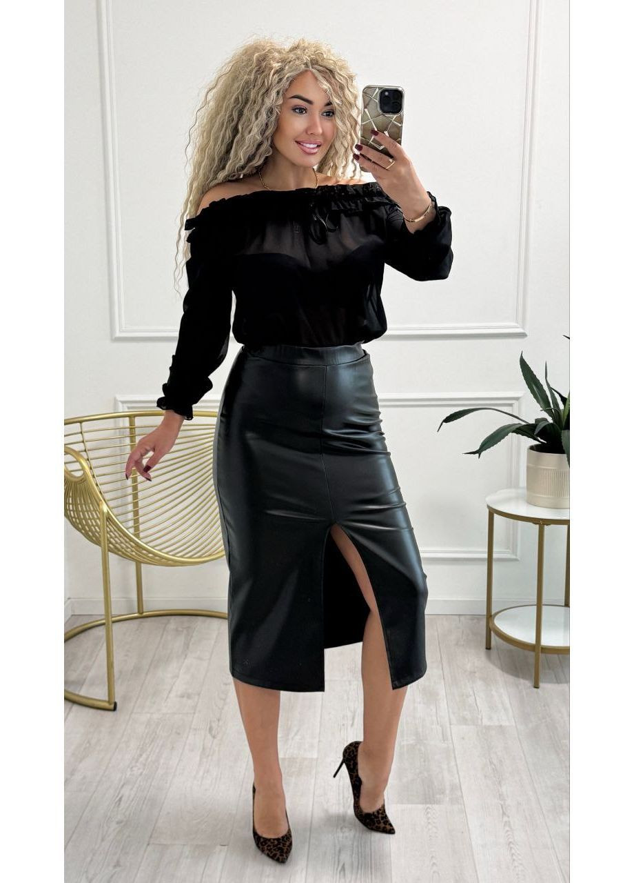 Черная праздничный, офисная, кэжуал однотонная юбка женская из екокожи Style Point