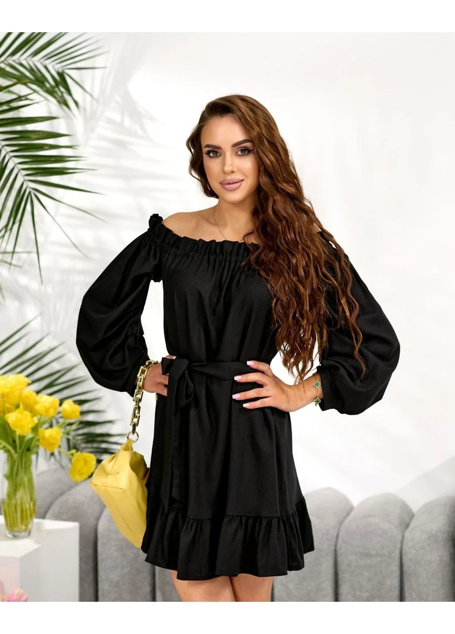 Чорна сукня міні з льону з поясом Fashion