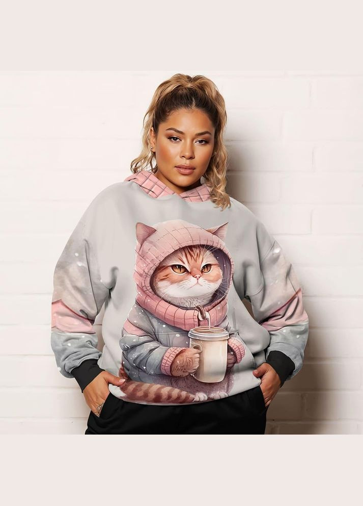 Жіноче худі батал з принтом кіт чашка Яскраво (323652237)
