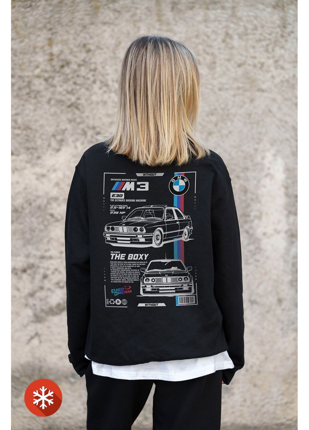 Черный женский утепленный оверсайз свитшот на флисе с принтом bmw black Without рисунок (372519886)