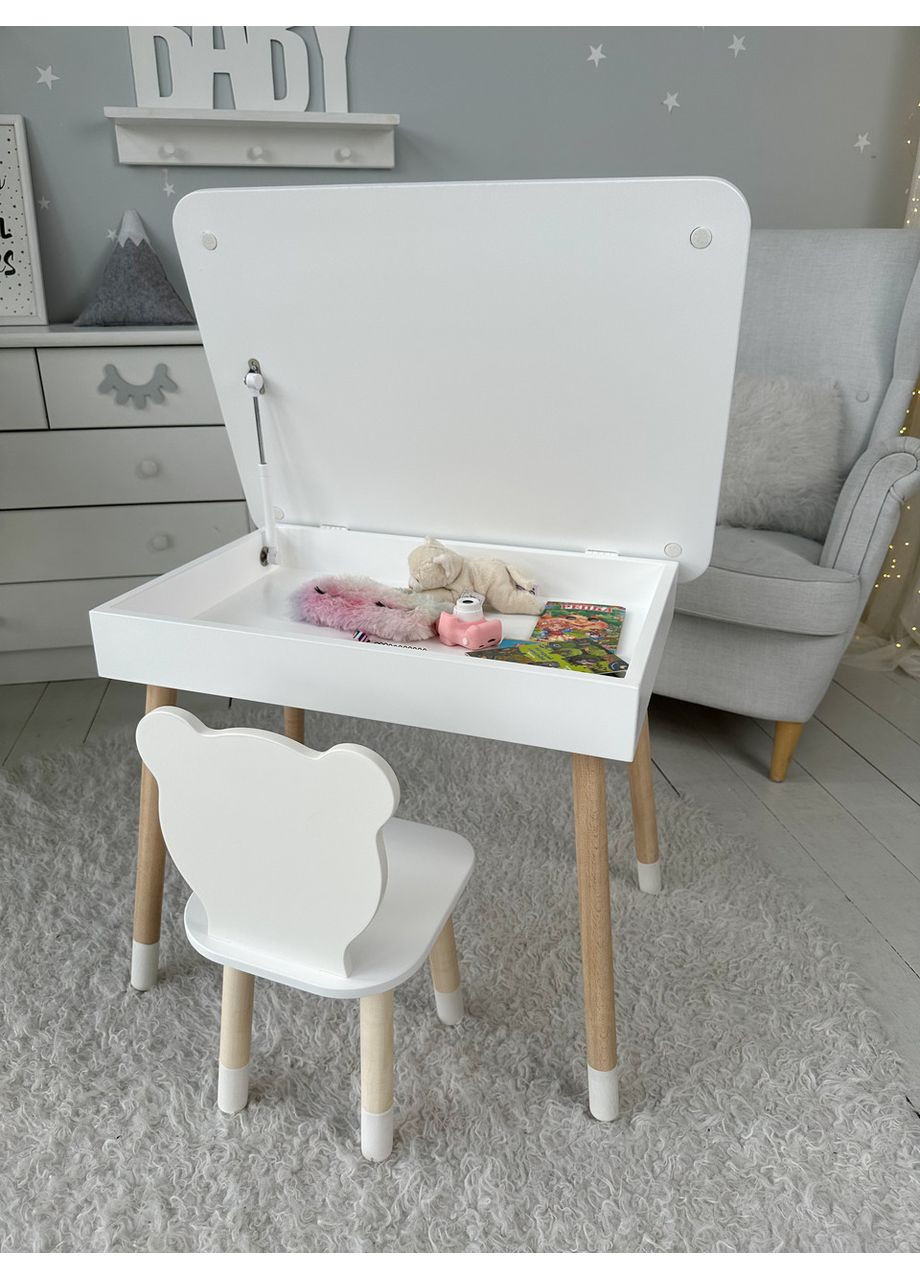 Столик з відкидним верхом 54х60х45 і стільчик медвежа 26х26х24, стіл та стілець для злопчика від 1 року, білий No Brand (335039685)