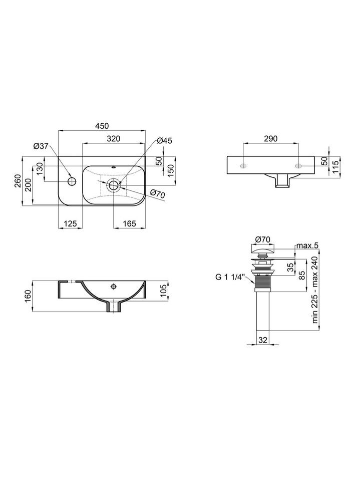 Комплект Tern: Раковина подвесная прямоугольная левая 450х250х158 мм White + Донный клапан PU02O Qtap QT17115117LWN47327 (346492454)