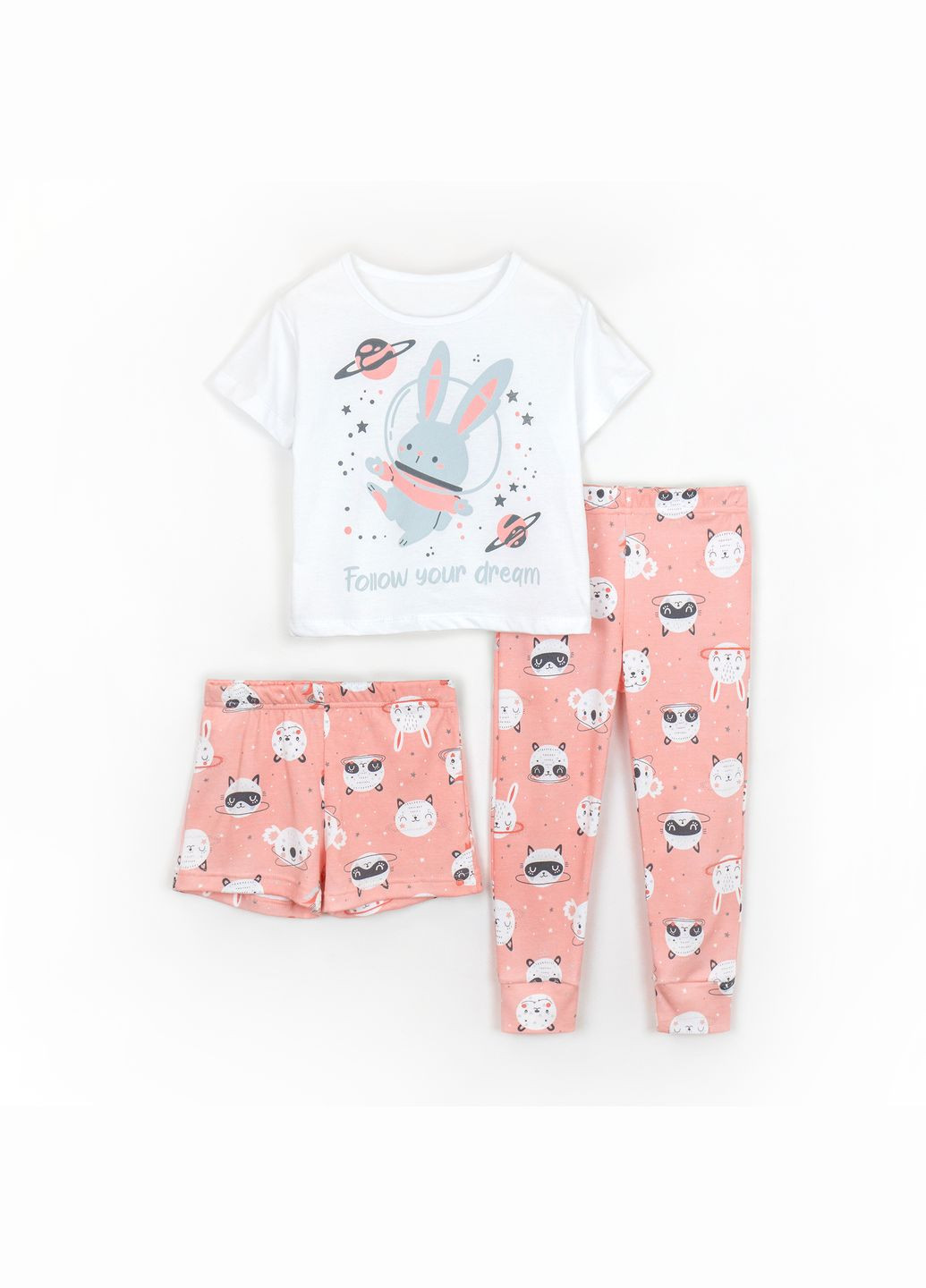 Рожева всесезон піжама для дівчинки 3 в 1 футболка шорти штани з принтом кролика space bunny dexter's