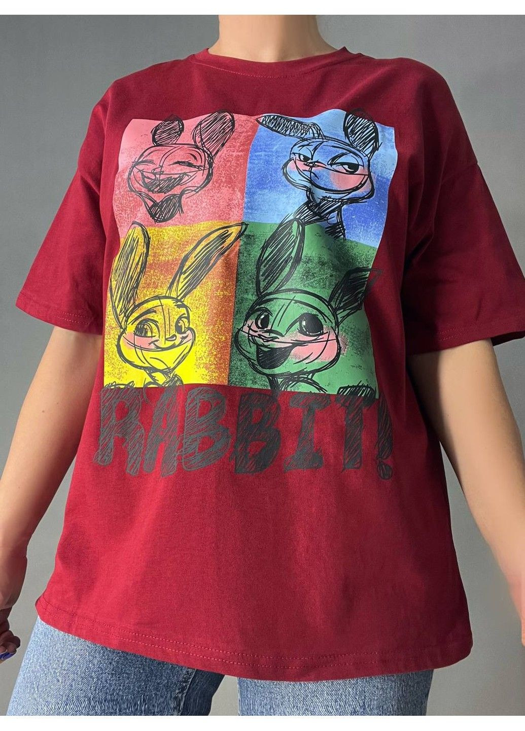 Футболка жіноча Y-Q 4047 оверсайз бордова з принтом No Brand - (329655372)