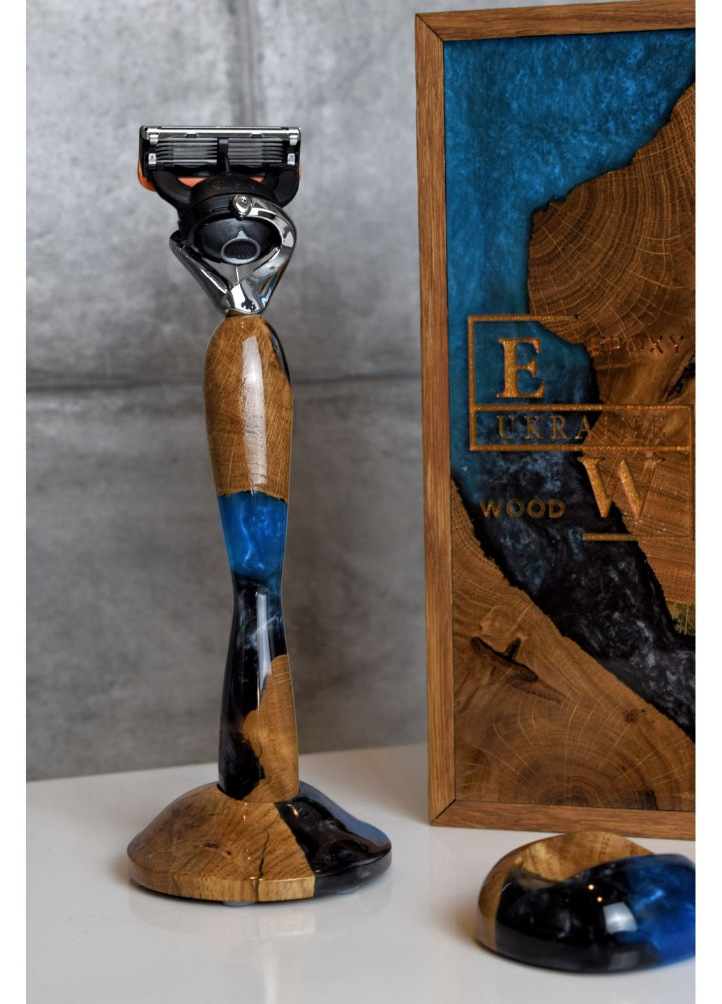 Набор подарочный Станок для бритья Серый и синий перламутр Коробка со смолой EpoxyWood Ukraine Округла (360898041)