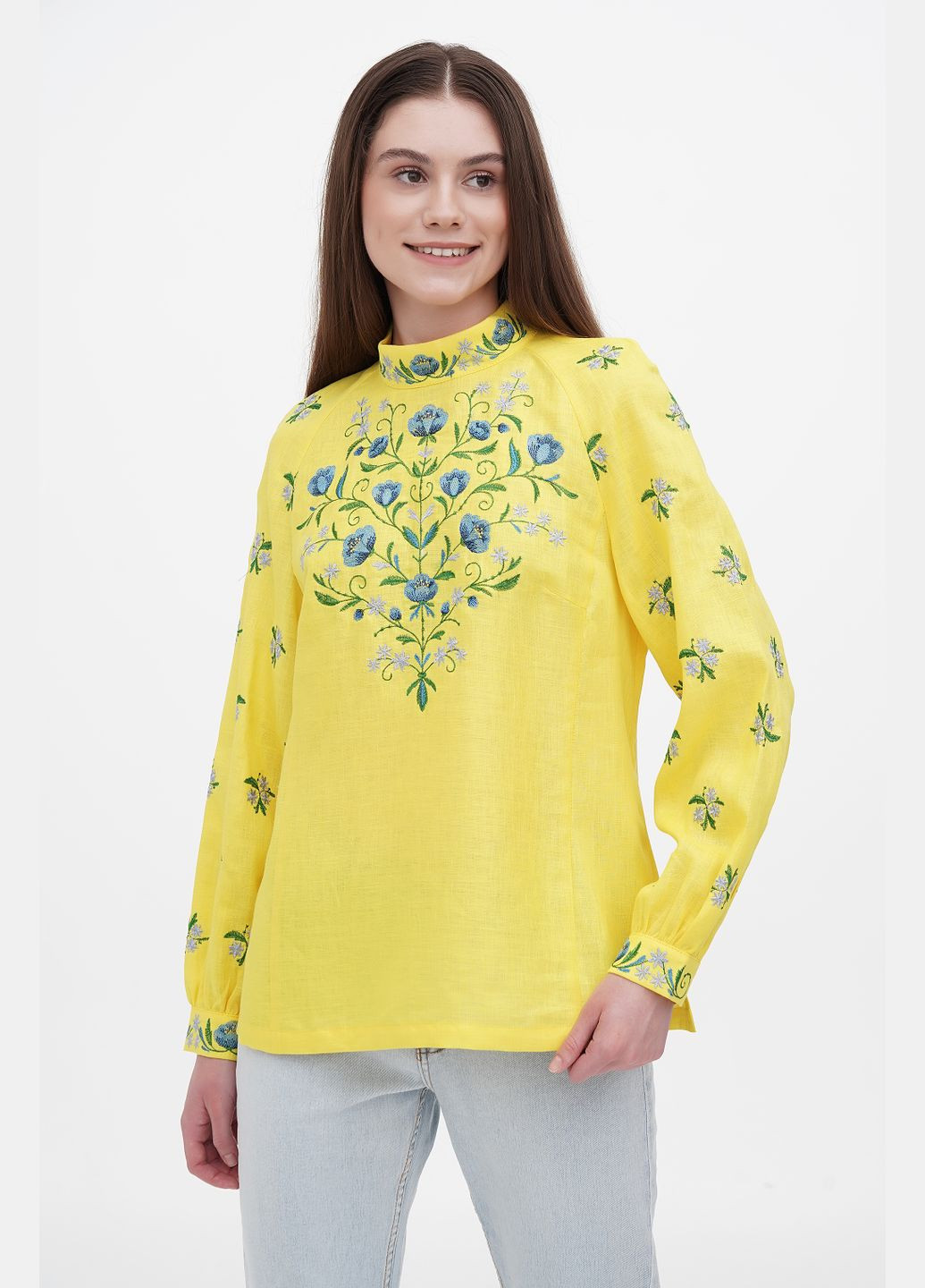 Жовта лляна жіноча вишиванка з квітковою вишивкою, високою горловиною та манжетами тернавка., р., код 9262/48/78 ГАЛЕРЕЯ ЛЬОНУ