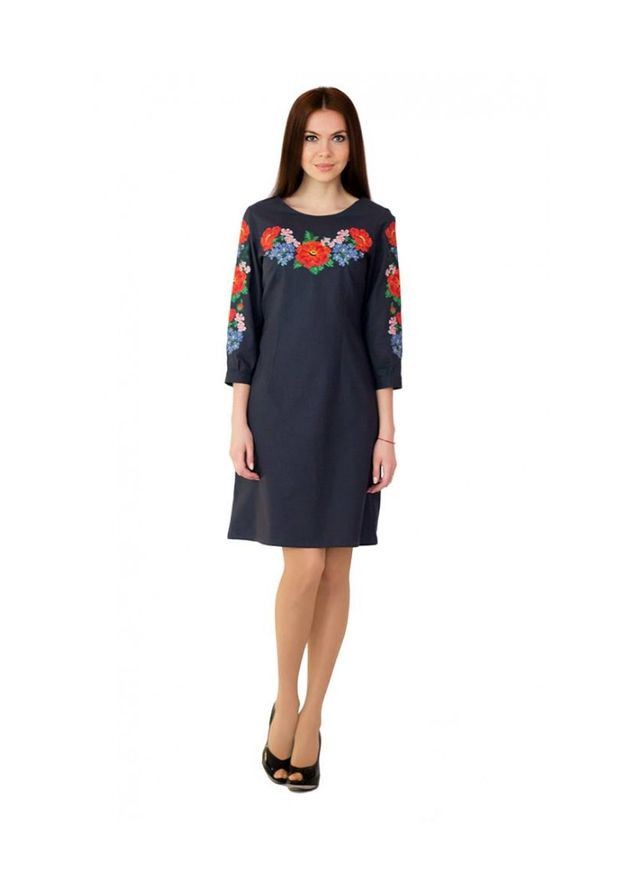 Темно-синя святковий, вечірня плаття етномодерн 40 темно-синє лляне з вишивкою ЕтноМодерн з квітковим принтом