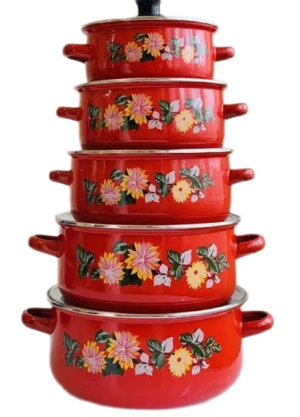 Набір комплект емальованого посуду каструль зі скляними кришками 5 штук з малюнком (476600-Prob) Червоний Unbranded (285715016)