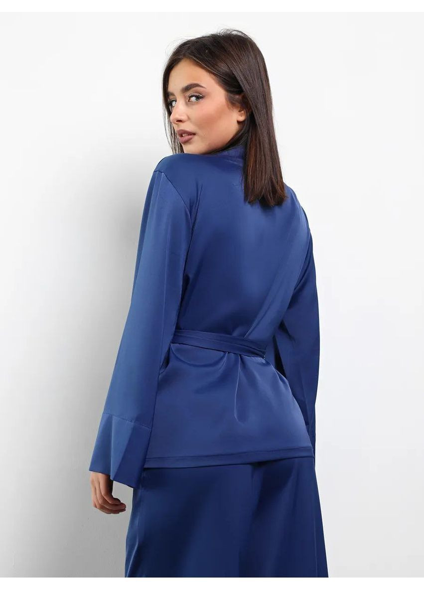 Синяя всесезон атласный пижамный комплект в стиле kimono 3в1 халат рубашка брюки рубашка + брюки No Brand Піжама Kimono чорна