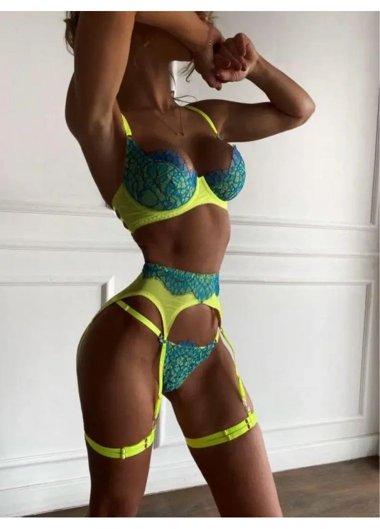 Желтый демисезонный кружевное нижнее белье. кружевной комплект с поясом. яркий женский комплект белья размера s-l S&L