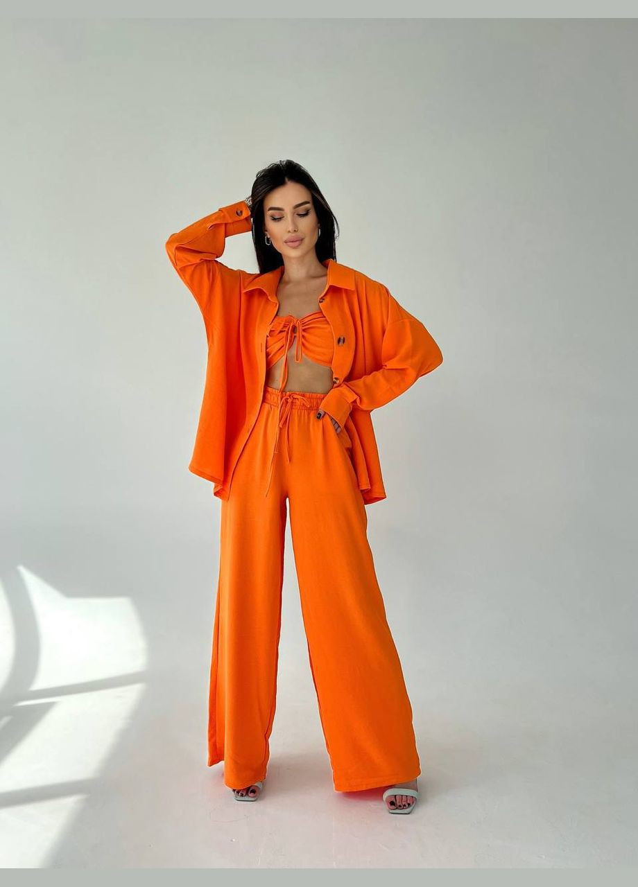 Шикарный оранжевый летний костюм тройка из креп-жатки, красивый открытый костюм идеально подходящий для прогулки No Brand 060-3 (293244774)