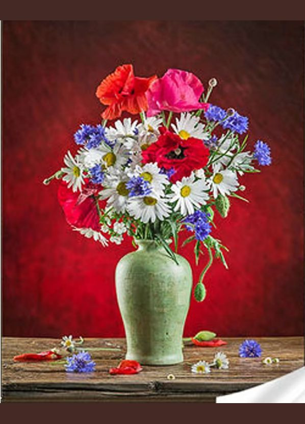 Яскравий букет квітів алмазна вишивка камінням стразами 30*40см Набір алмазної мозаїки квіти маки ромашки круглі стрази Strateg (313402481)