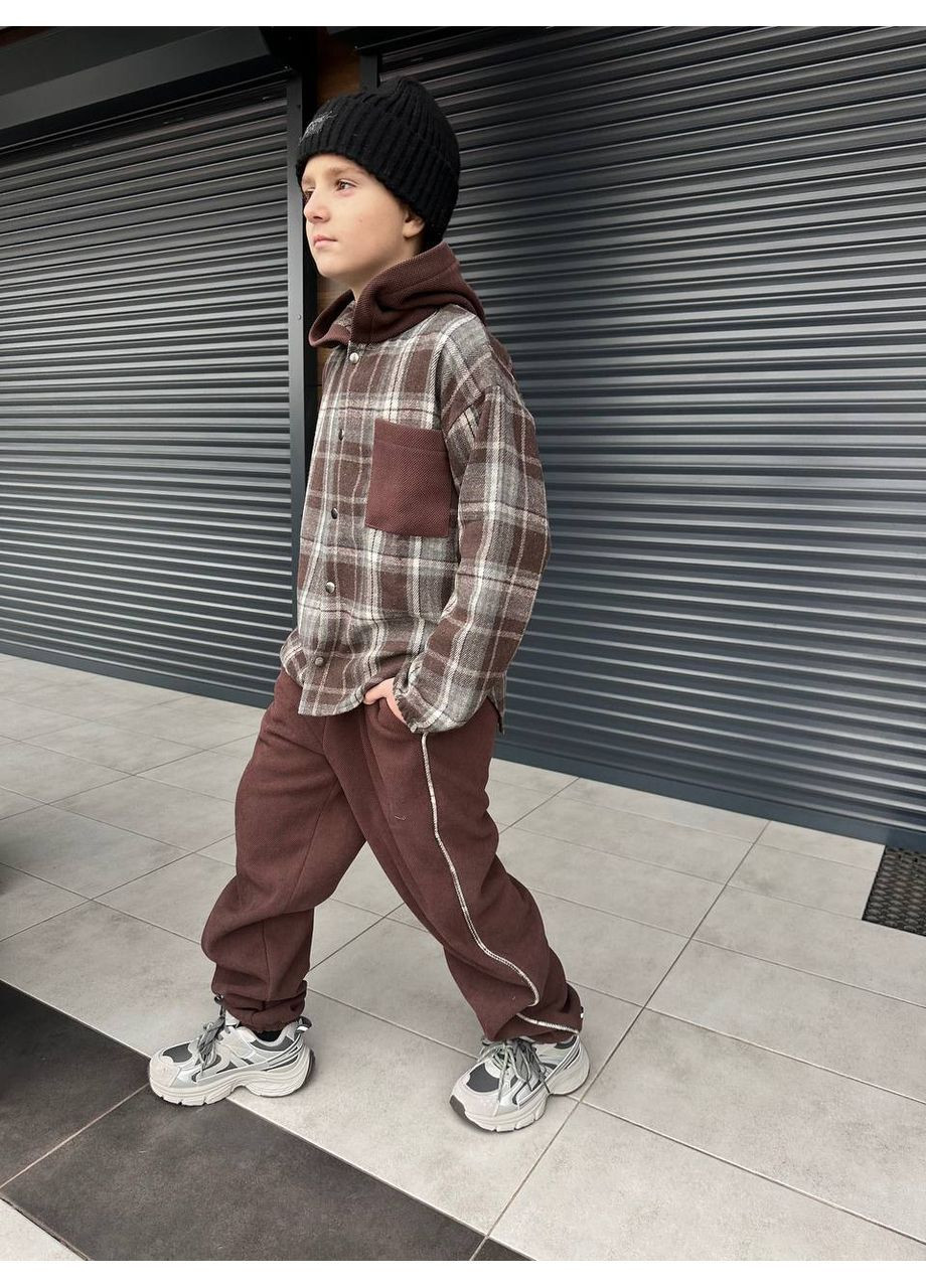 Коричневый костюм детский подростковый брюки и рубашка в клеточку. костюм детский подростковая зимняя рубашка в клетку и брюки. No Brand