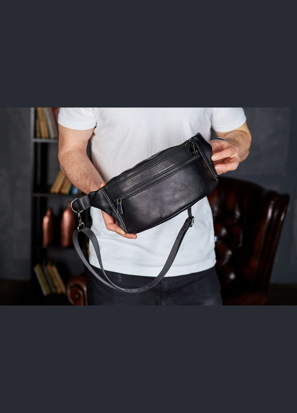 Черная мужская бананка из натуральной гладкой кожи с двумя отделениями и наружными карманами. Tiding Bag (298571640)