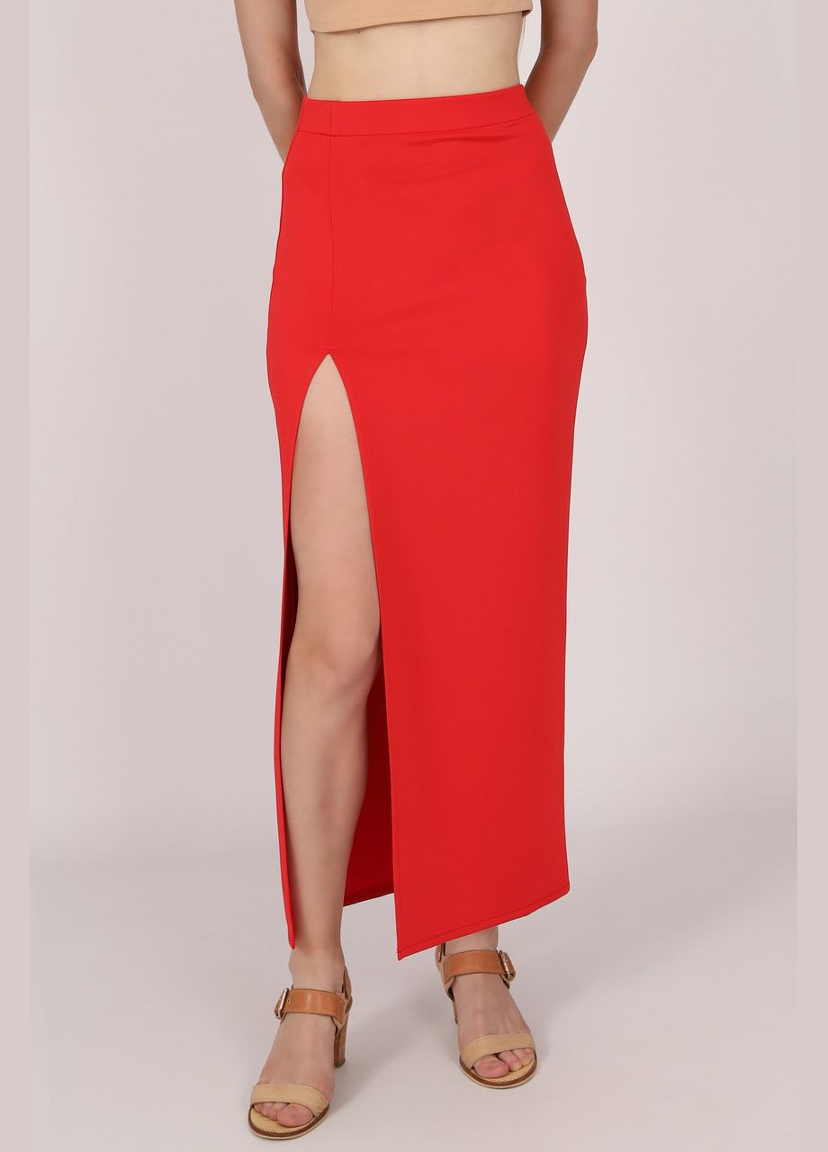 Жіноча трикотажна спідниця максі із розрізом на правій нозі, однотонна. Червона No Brand (321964550)